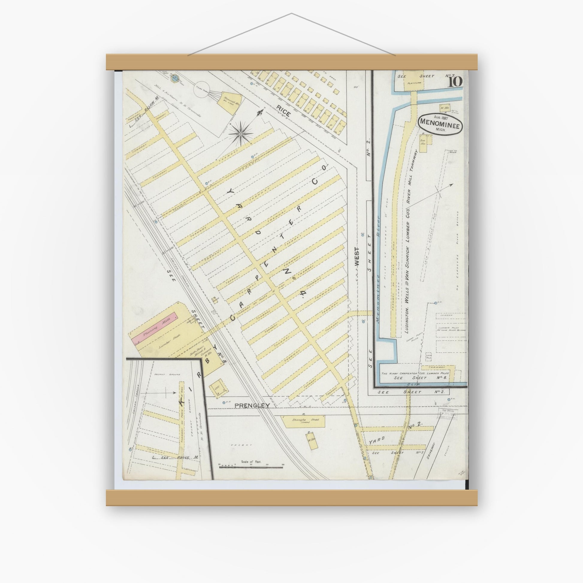 Old map wall art mockup — magnetic wood frame on white wall — Sanborn Fire Insurance Map from Menominee, Menominee County, Michigan (1887), Sheet #0010