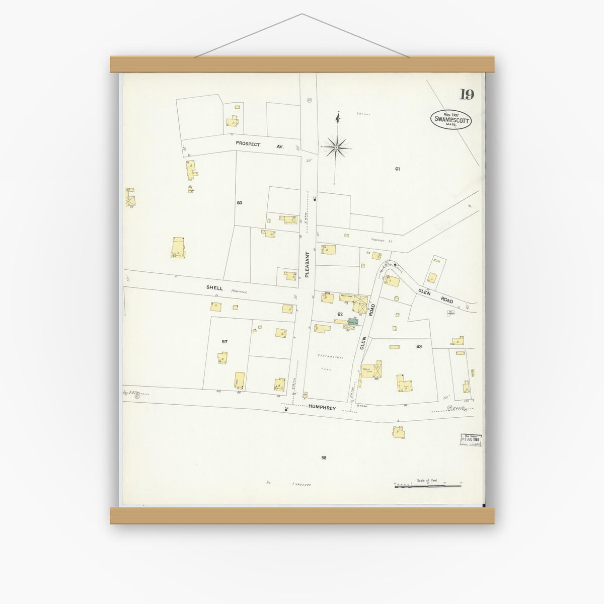 Old map wall art mockup — magnetic wood frame on white wall — Sanborn Fire Insurance Map from Swampscott, Essex County, Massachusetts (1907), Sheet #0019