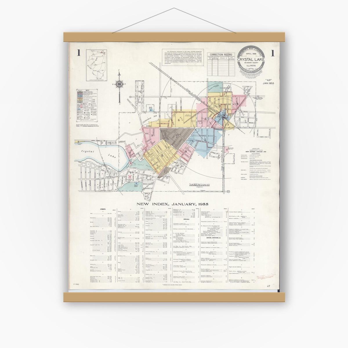Old map wall art mockup — magnetic wood frame on white wall — Sanborn Fire Insurance Map from Crystal Lake, McHenry County, Illinois (1955) - Complete Map Set