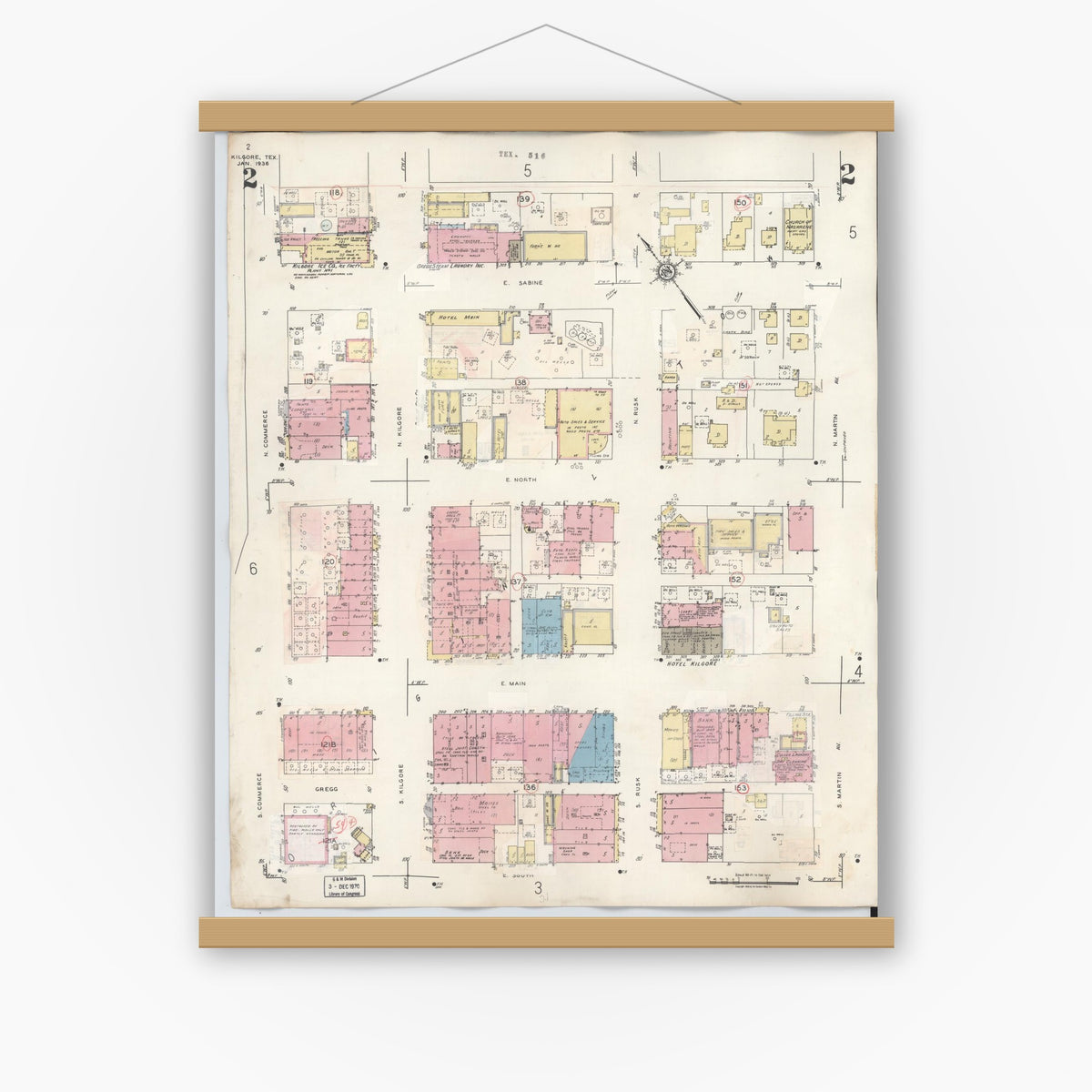 Old map wall art mockup — magnetic wood frame on white wall — Sanborn Fire Insurance Map from Kilgore, Gregg County, Texas (1950), Sheet #0002
