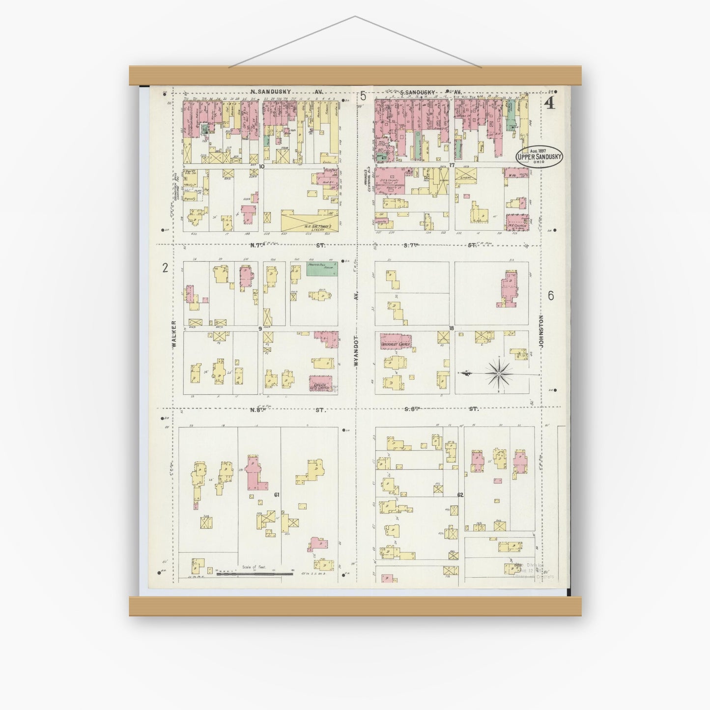 Old map wall art mockup — magnetic wood frame on white wall — Sanborn Fire Insurance Map from Upper Sandusky, Wyandot County, Ohio (1897), Sheet #0004