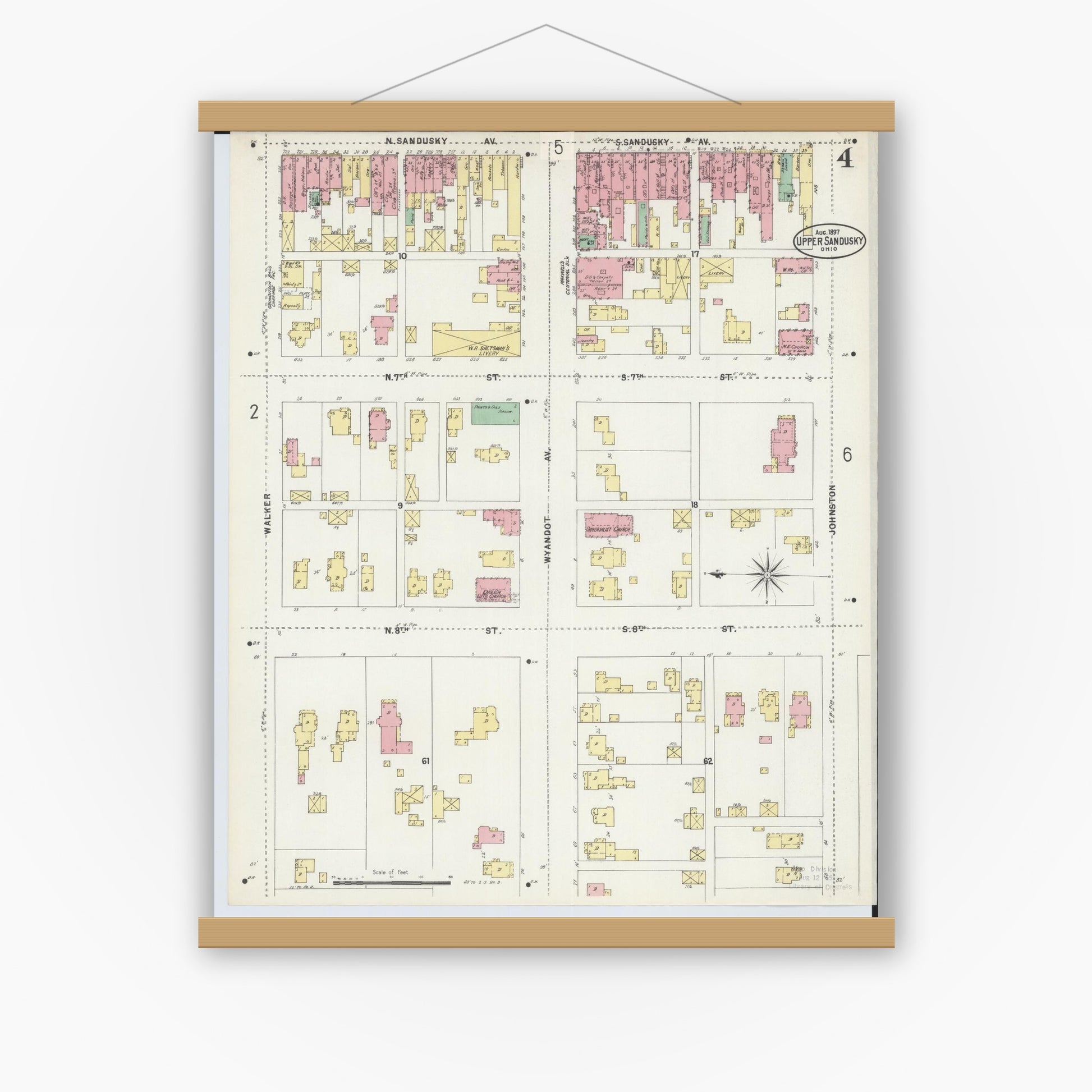 Old map wall art mockup — magnetic wood frame on white wall — Sanborn Fire Insurance Map from Upper Sandusky, Wyandot County, Ohio (1897), Sheet #0004