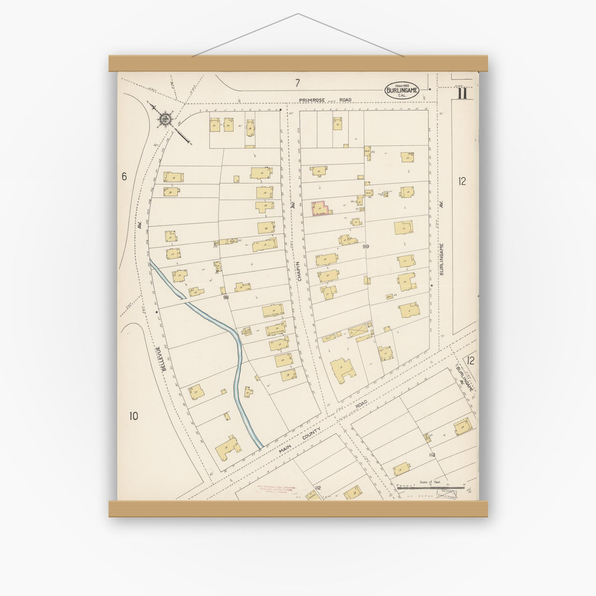 Old map wall art mockup — magnetic wood frame on white wall — Sanborn Fire Insurance Map from Burlingame, San Mateo County, California (1913), Sheet #0011