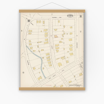 Old map wall art mockup — magnetic wood frame on white wall — Sanborn Fire Insurance Map from Burlingame, San Mateo County, California (1913), Sheet #0011