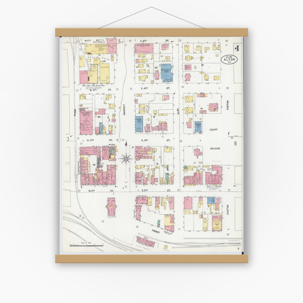 Old map wall art mockup — magnetic wood frame on white wall — Sanborn Fire Insurance Map from Alton, Madison County, Illinois (1902), Sheet #0004