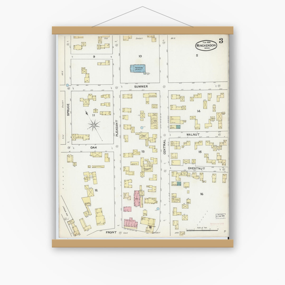 Old map wall art mockup — magnetic wood frame on white wall — Sanborn Fire Insurance Map from Winchendon, Worcester County, Massachusetts (1892), Sheet #0003