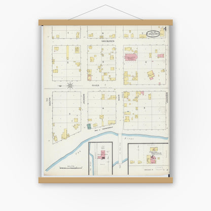Old map wall art mockup — magnetic wood frame on white wall — Sanborn Fire Insurance Map from Dundee, Kane County, Illinois (1893), Sheet #0004