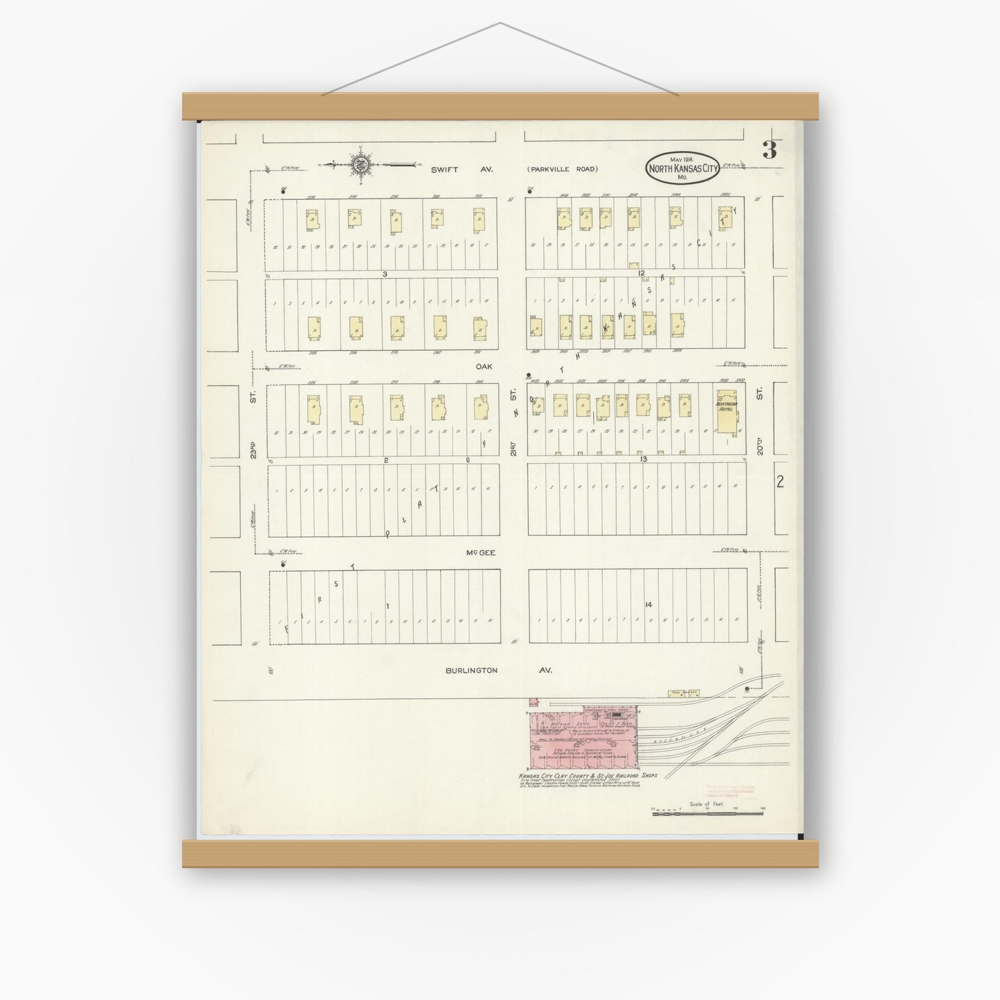 Old map wall art mockup — magnetic wood frame on white wall — Sanborn Fire Insurance Map from North Kansas City, Clay County, Missouri (1914), Sheet #0003