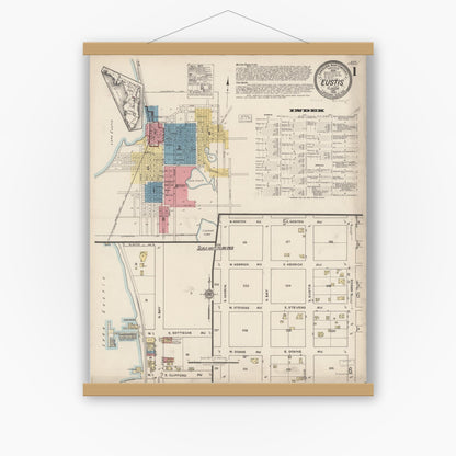Old map wall art mockup — magnetic wood frame on white wall — Sanborn Fire Insurance Map from Eustis, Lake County, Florida (1922) - Complete Map Set