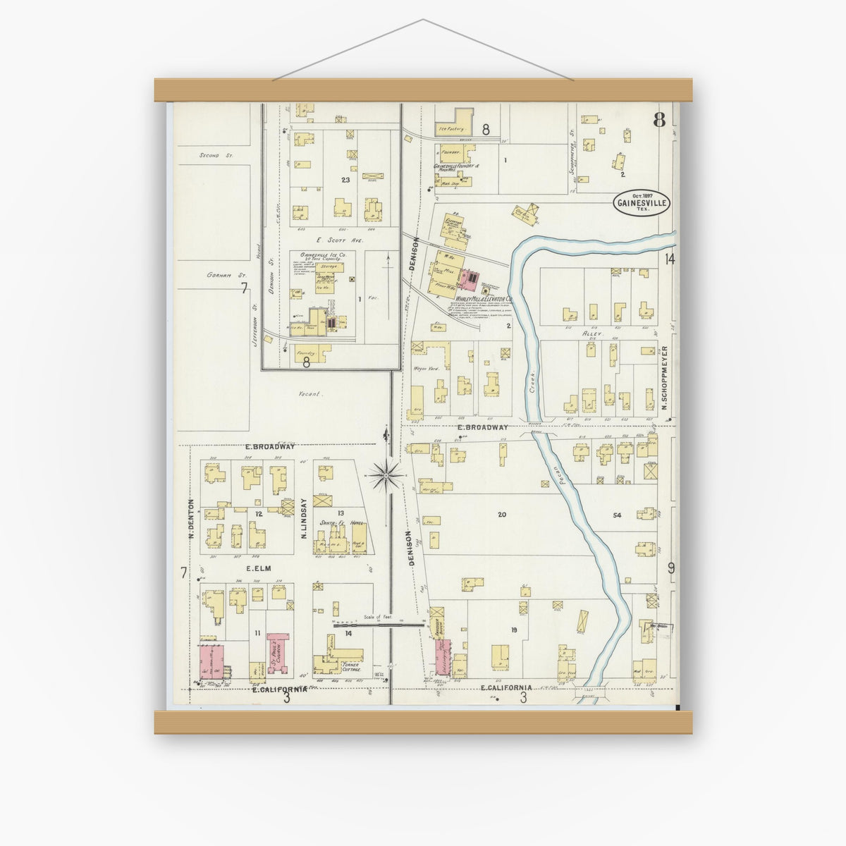 Old map wall art mockup — magnetic wood frame on white wall — Sanborn Fire Insurance Map from Gainesville, Cooke County, Texas (1897), Sheet #0008