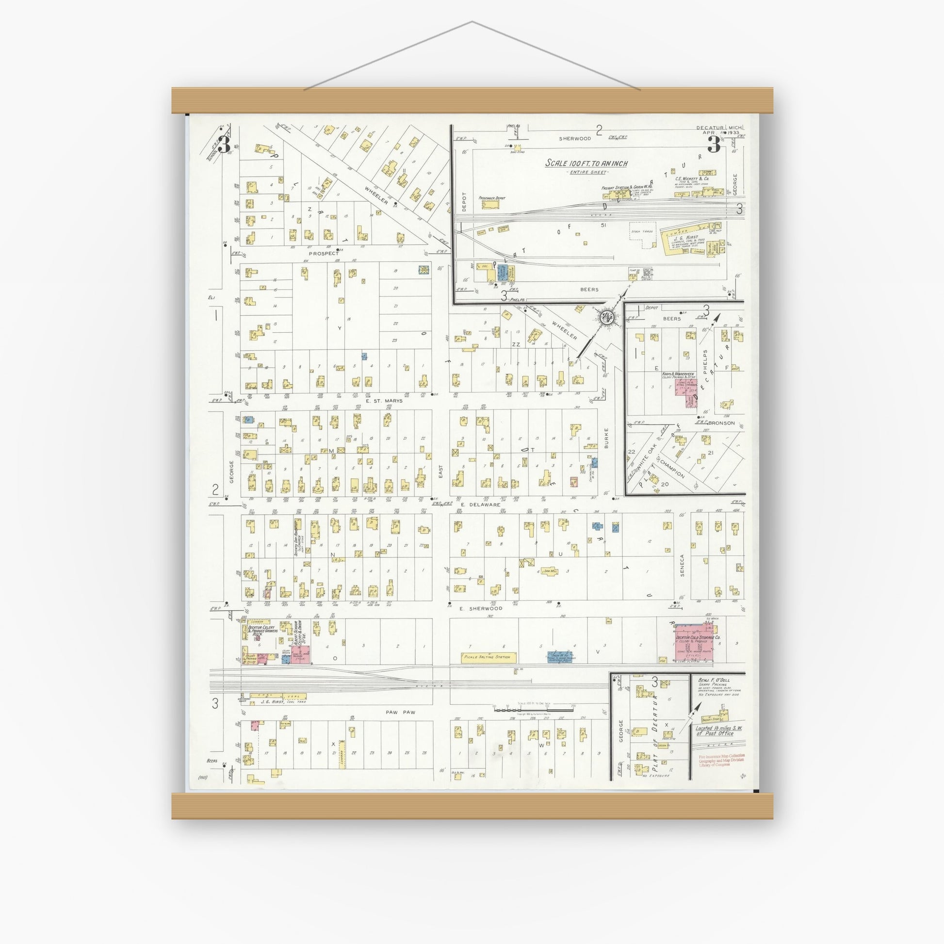 Old map wall art mockup — magnetic wood frame on white wall — Sanborn Fire Insurance Map from Decatur, Van Buren County, Michigan (1933), Sheet #0003