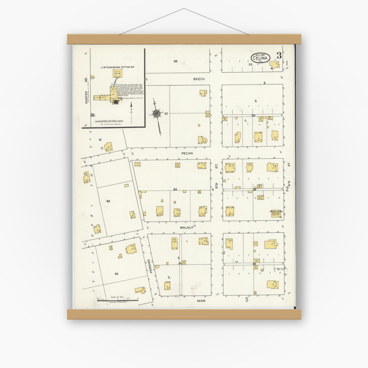 Old map wall art mockup — magnetic wood frame on white wall — Sanborn Fire Insurance Map from Celina, Collin County, Texas (1920), Sheet #0003