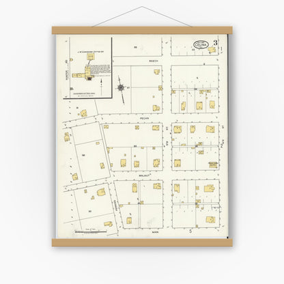 Old map wall art mockup — magnetic wood frame on white wall — Sanborn Fire Insurance Map from Celina, Collin County, Texas (1920), Sheet #0003