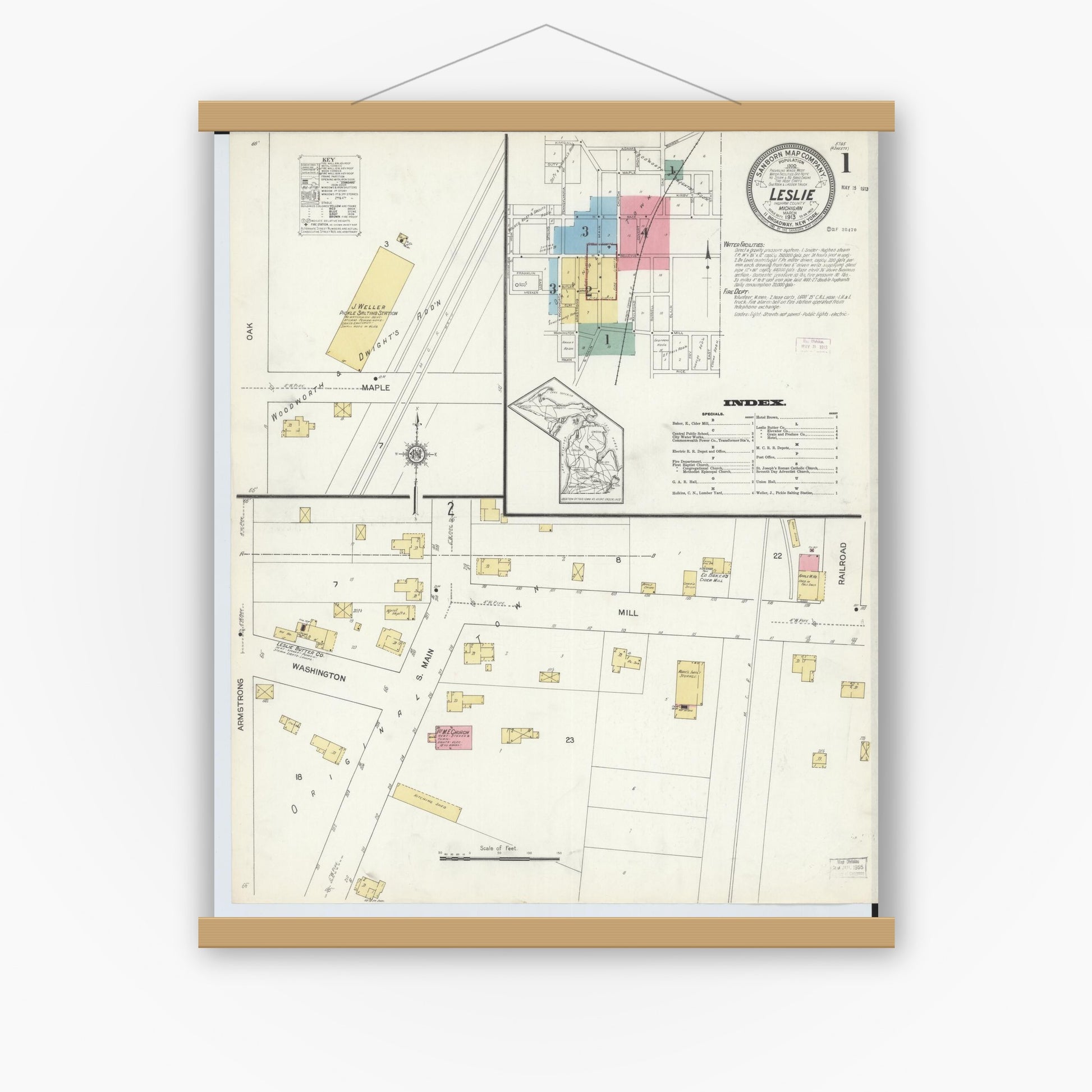 Old map wall art mockup — magnetic wood frame on white wall — Sanborn Fire Insurance Map from Leslie, Ingham County, Michigan (1913) - Complete Map Set