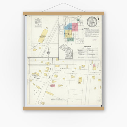 Old map wall art mockup — magnetic wood frame on white wall — Sanborn Fire Insurance Map from Leslie, Ingham County, Michigan (1913) - Complete Map Set