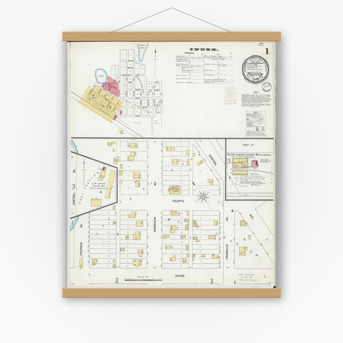 Old map wall art mockup — magnetic wood frame on white wall — Sanborn Fire Insurance Map from Fosston, Polk County, Minnesota (1899) - Complete Map Set