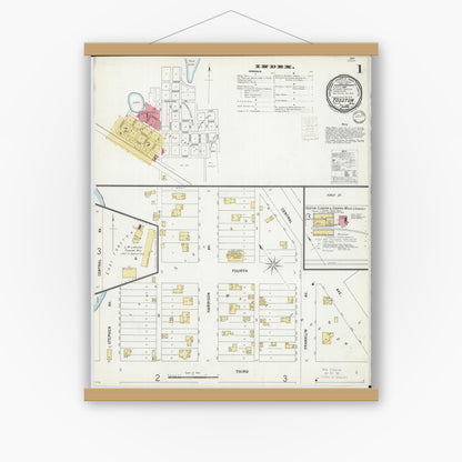 Old map wall art mockup — magnetic wood frame on white wall — Sanborn Fire Insurance Map from Fosston, Polk County, Minnesota (1899) - Complete Map Set