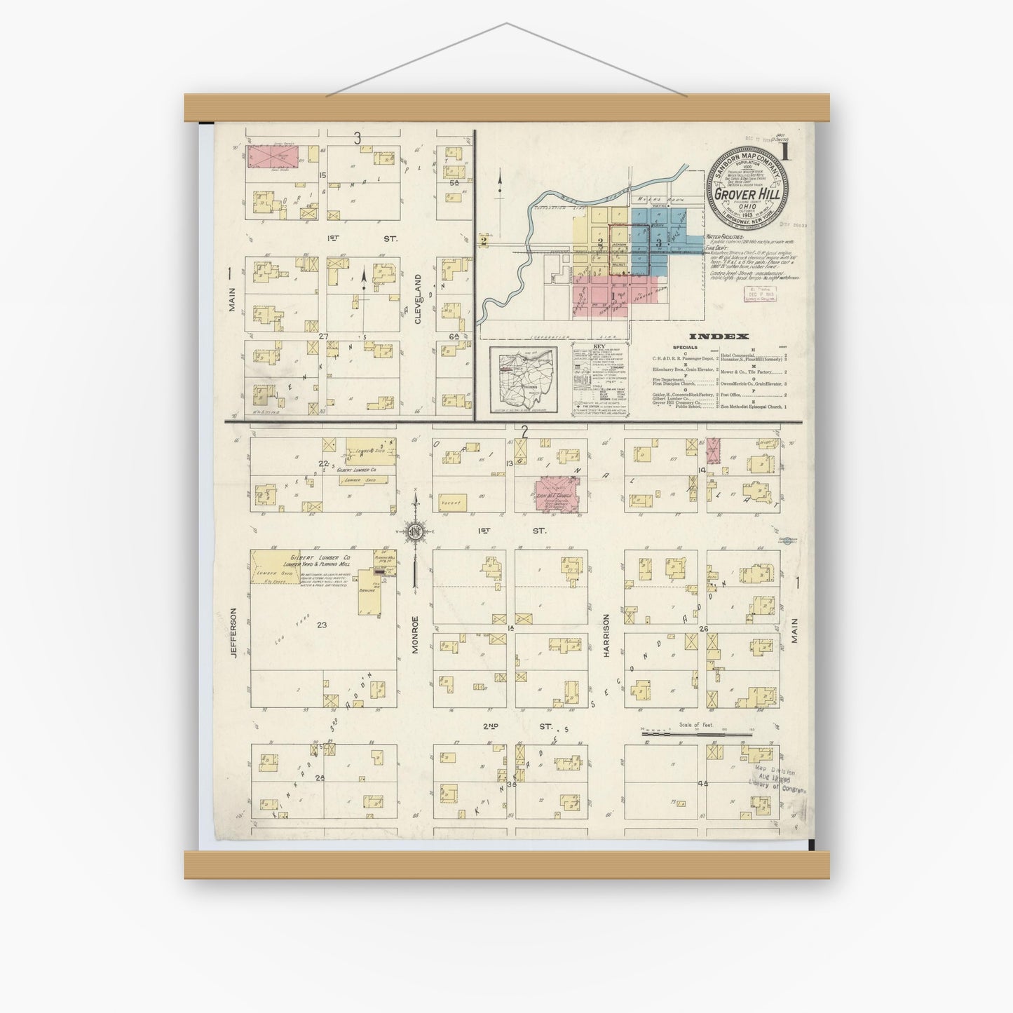Old map wall art mockup — magnetic wood frame on white wall — Sanborn Fire Insurance Map from Grover Hill, Paulding County, Ohio (1913), Sheet #0001
