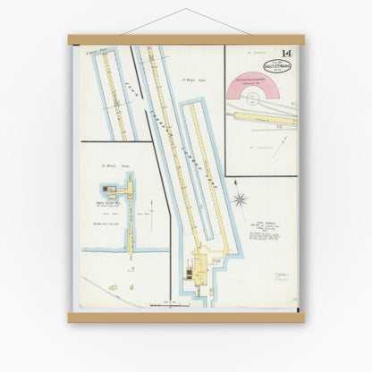 Old map wall art mockup — magnetic wood frame on white wall — Sanborn Fire Insurance Map from Sault Sainte Marie, Chippewa County, Michigan (1895), Sheet #0014