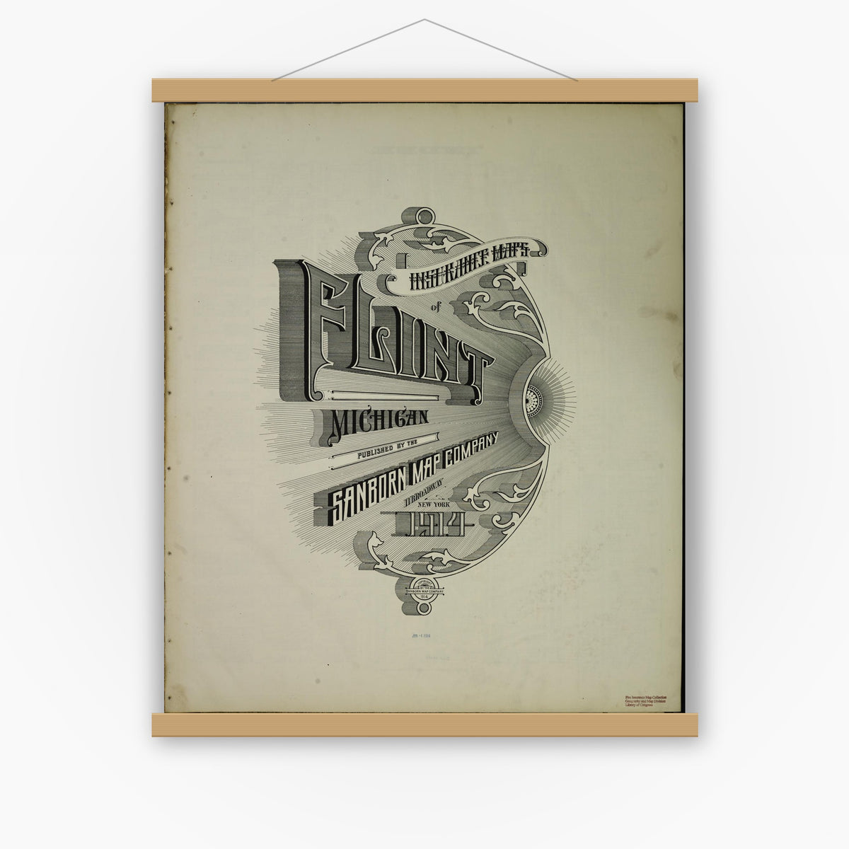 Old map wall art mockup — magnetic wood frame on white wall — Sanborn Fire Insurance Map from Flint, Genesee County, Michigan (1914), Sheet #0001