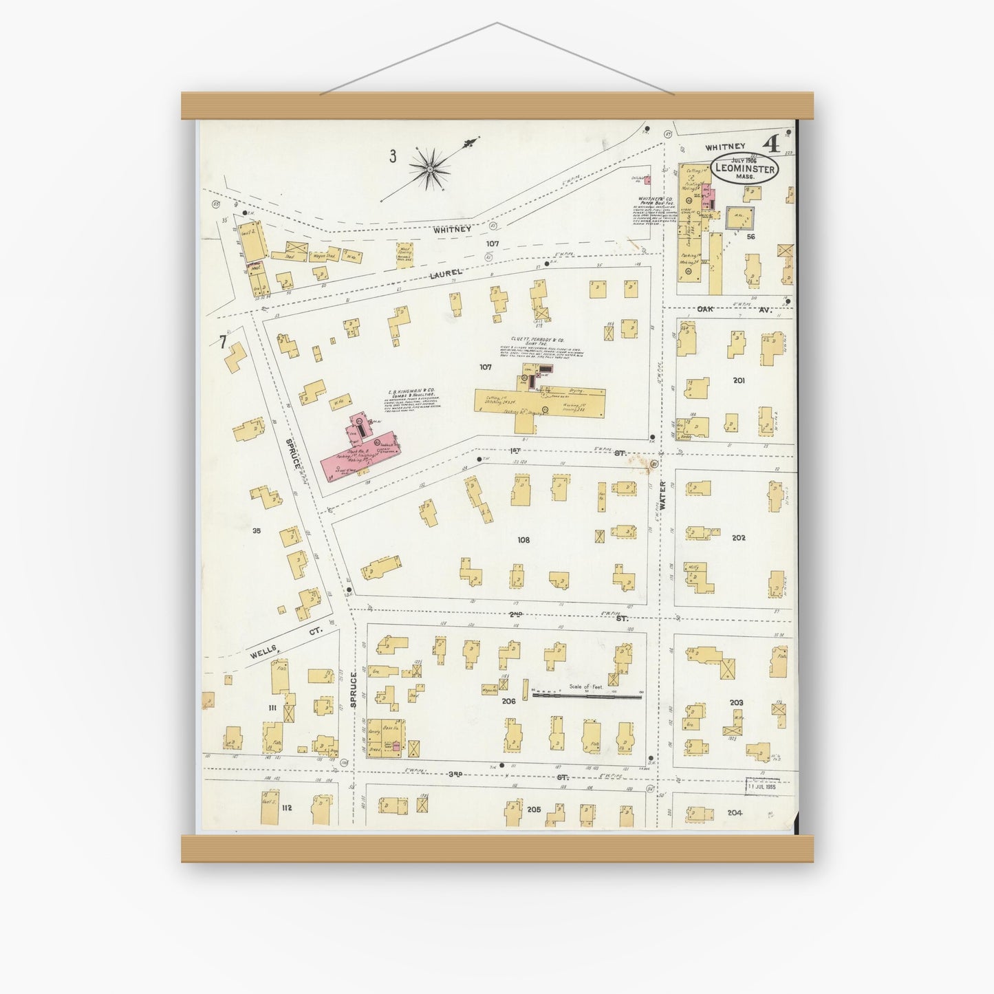 Old map wall art mockup — magnetic wood frame on white wall — Sanborn Fire Insurance Map from Leominster, Worcester County, Massachusetts (1906), Sheet #0004