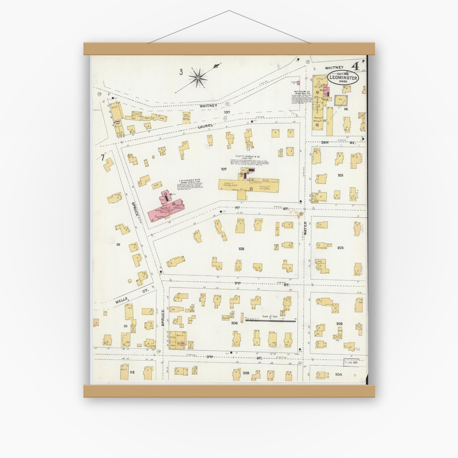 Old map wall art mockup — magnetic wood frame on white wall — Sanborn Fire Insurance Map from Leominster, Worcester County, Massachusetts (1906), Sheet #0004