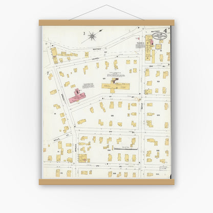 Old map wall art mockup — magnetic wood frame on white wall — Sanborn Fire Insurance Map from Leominster, Worcester County, Massachusetts (1906), Sheet #0004
