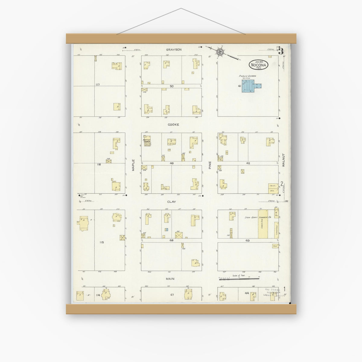 Old map wall art mockup — magnetic wood frame on white wall — Sanborn Fire Insurance Map from Nocona, Montague County, Texas (1914), Sheet #0003