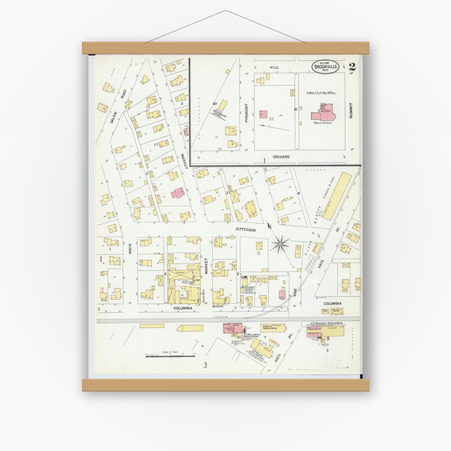 Old map wall art mockup — magnetic wood frame on white wall — Sanborn Fire Insurance Map from Brookville, Montgomery County, Ohio (1901), Sheet #0002