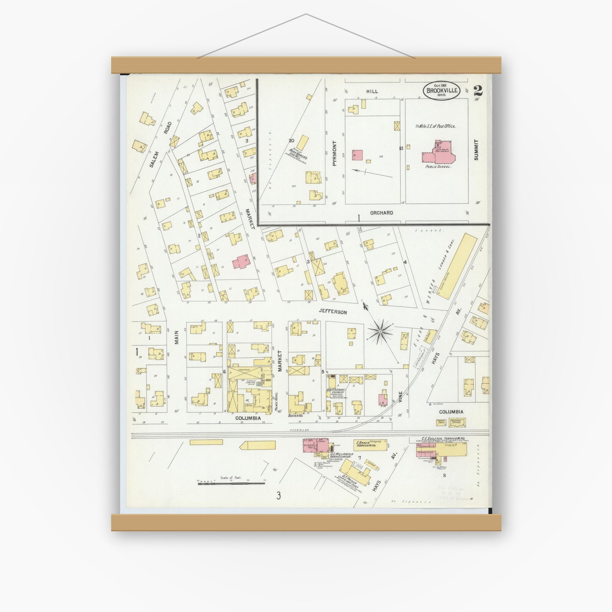 Old map wall art mockup — magnetic wood frame on white wall — Sanborn Fire Insurance Map from Brookville, Montgomery County, Ohio (1901), Sheet #0002