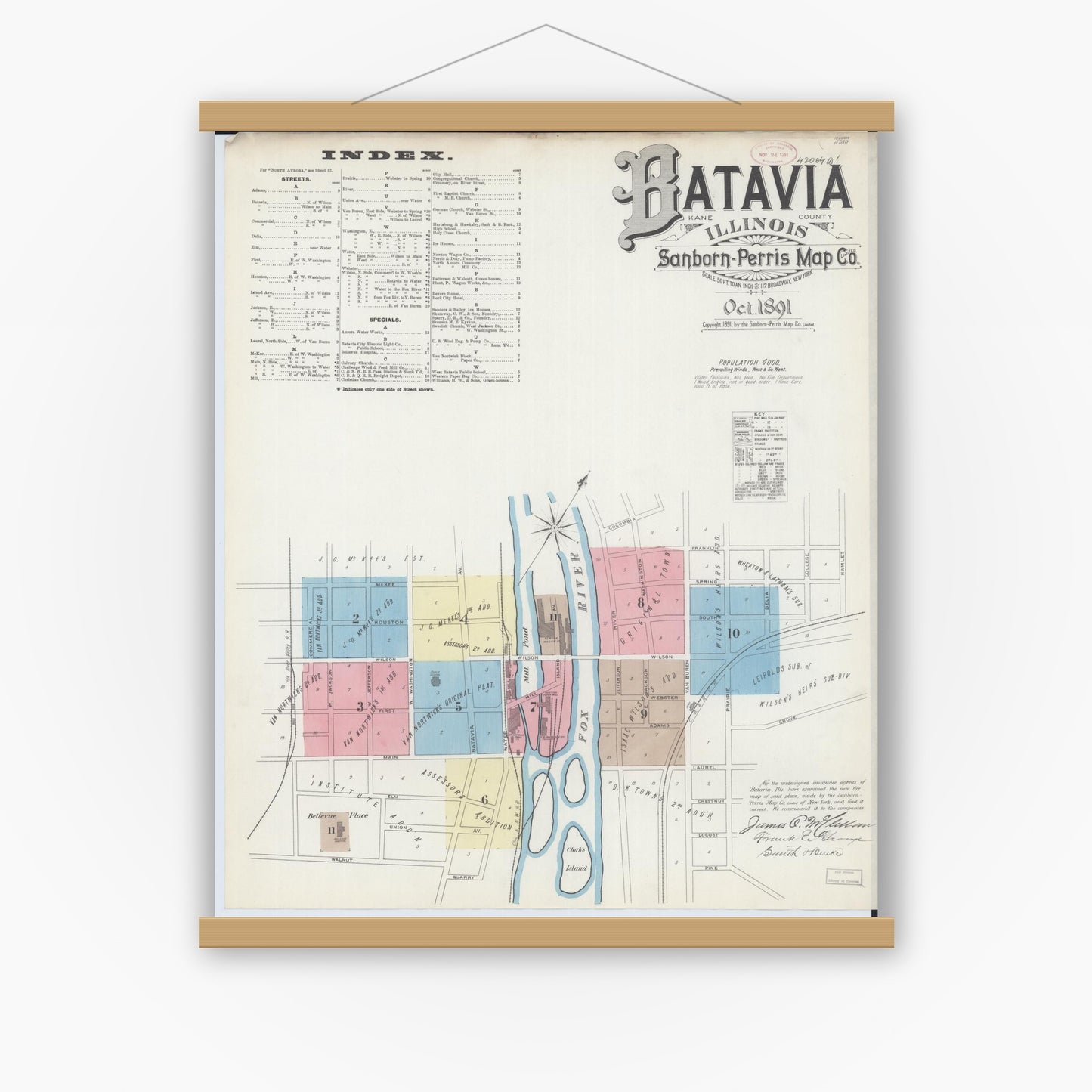 Old map wall art mockup — magnetic wood frame on white wall — Sanborn Fire Insurance Map from Batavia, Kane County, Illinois (1891) - Complete Map Set