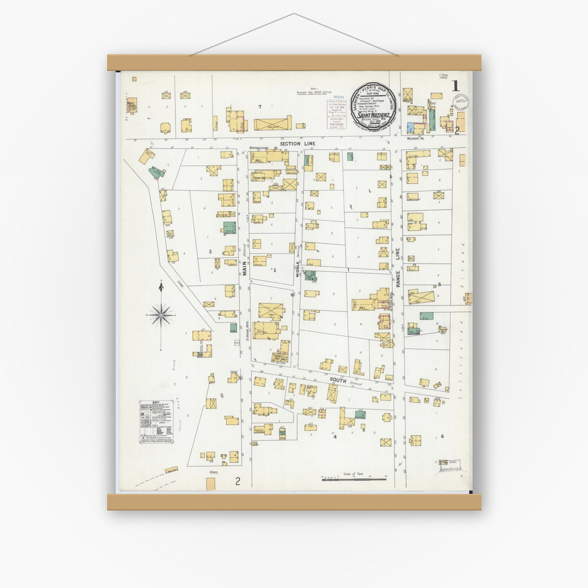 Old map wall art mockup — magnetic wood frame on white wall — Sanborn Fire Insurance Map from Saint Nazianz, Manitowoc County, Wisconsin (1900) - Complete Map Set