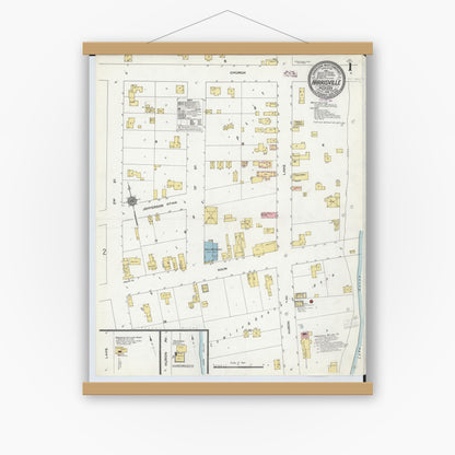 Old map wall art mockup — magnetic wood frame on white wall — Sanborn Fire Insurance Map from Harrisville, Alcona County, Michigan (1910) - Complete Map Set