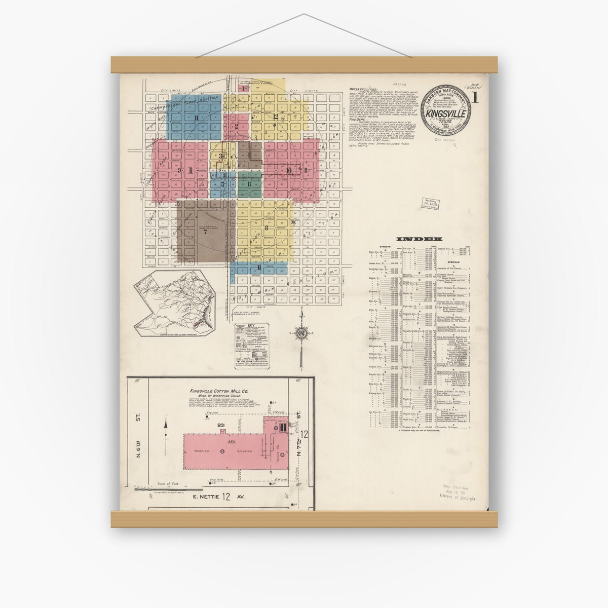 Old map wall art mockup — magnetic wood frame on white wall — Sanborn Fire Insurance Map from Kingsville, Kleberg County, Texas (1922), Sheet #0001