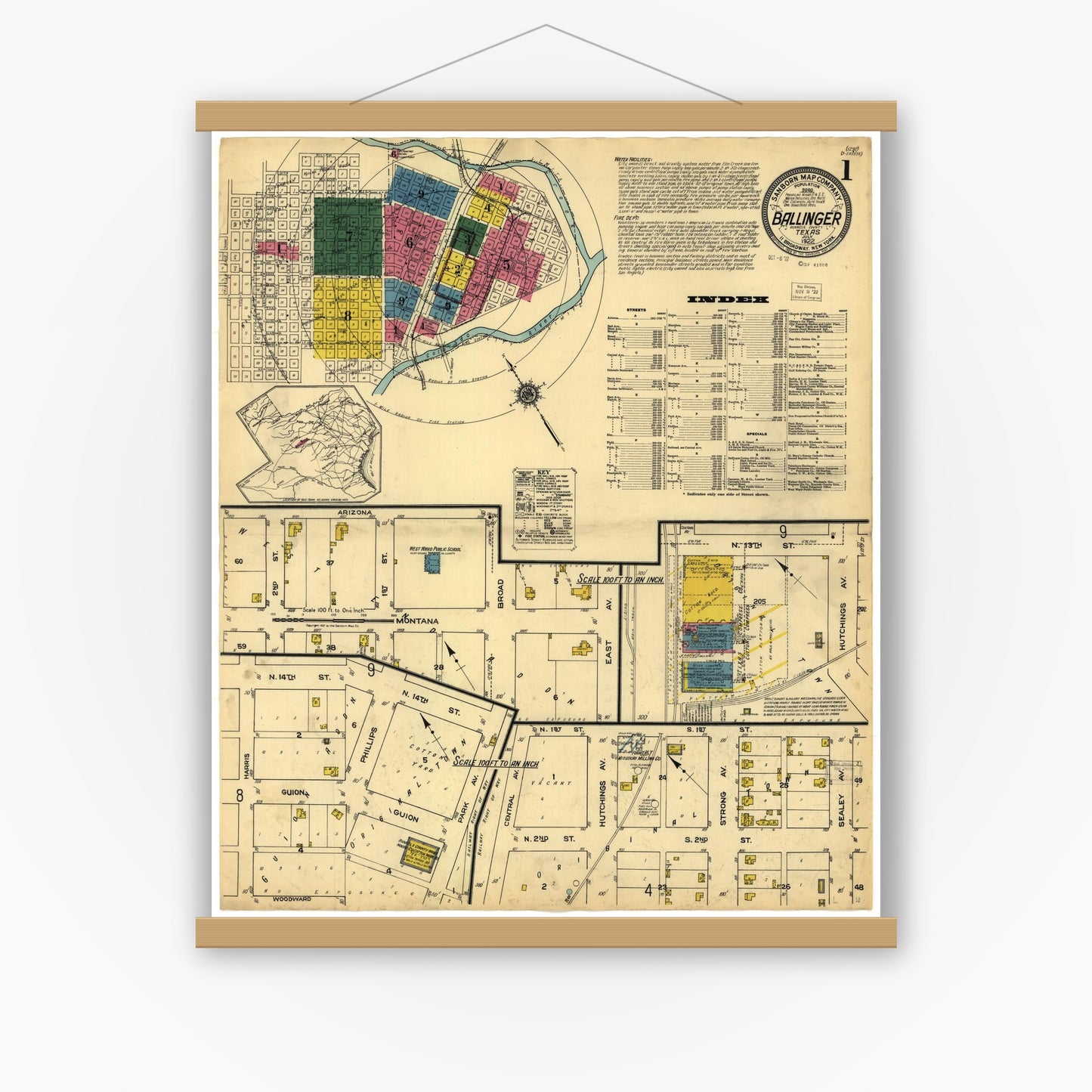 Old map wall art mockup — magnetic wood frame on white wall — Sanborn Fire Insurance Map from Ballinger, Runnels County, Texas (1922), Sheet #0001