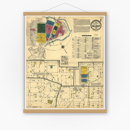 Old map wall art mockup — magnetic wood frame on white wall — Sanborn Fire Insurance Map from Ballinger, Runnels County, Texas (1922), Sheet #0001