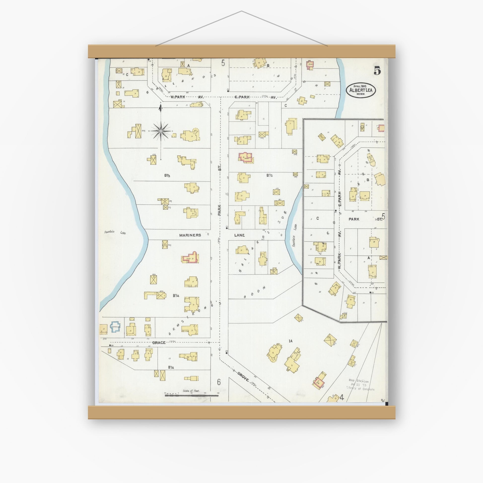 Old map wall art mockup — magnetic wood frame on white wall — Sanborn Fire Insurance Map from Albert Lea, Freeborn County, Minnesota (1905), Sheet #0005