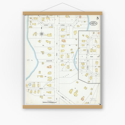 Old map wall art mockup — magnetic wood frame on white wall — Sanborn Fire Insurance Map from Albert Lea, Freeborn County, Minnesota (1905), Sheet #0005