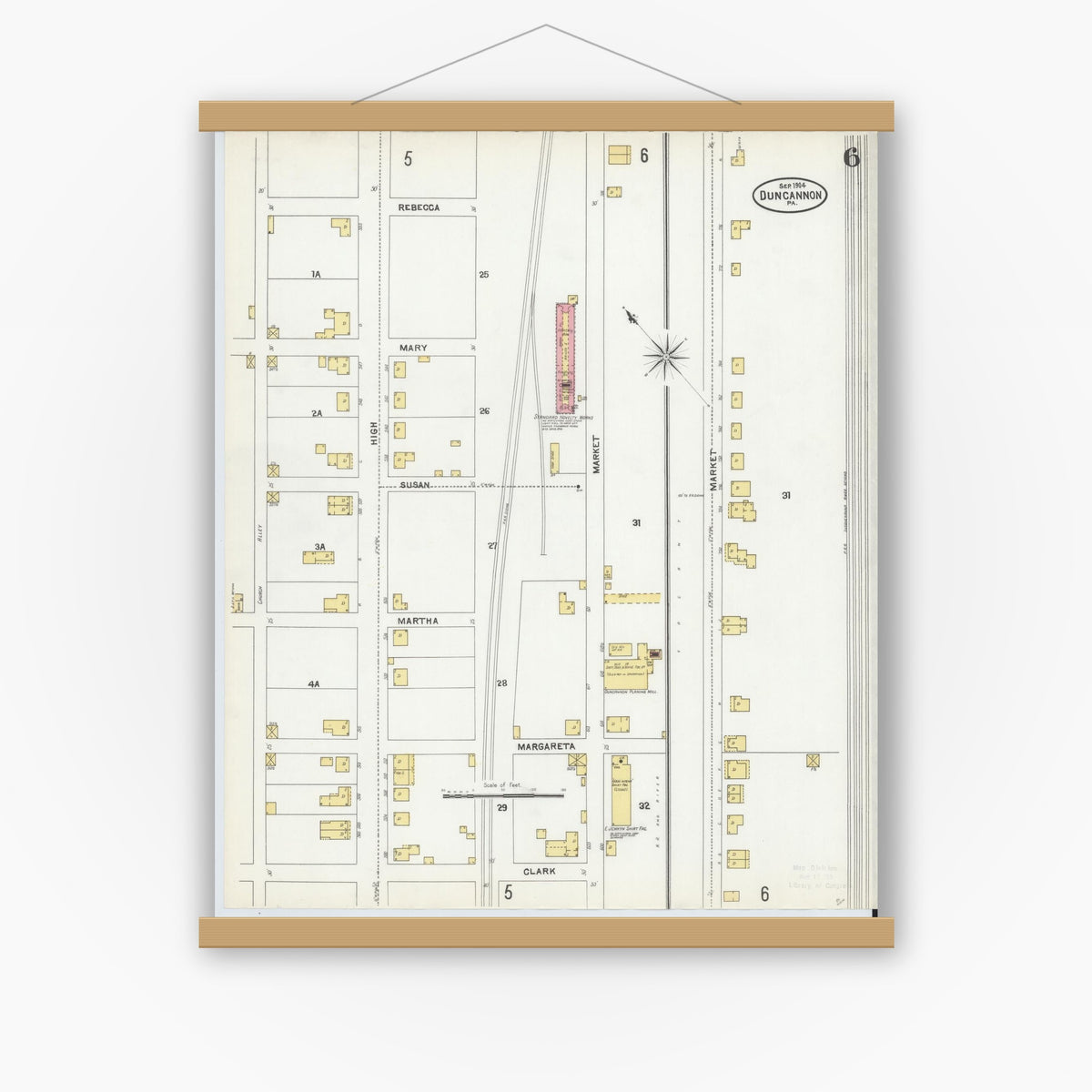 Old map wall art mockup — magnetic wood frame on white wall — Sanborn Fire Insurance Map from Duncannon, Perry County, Pennsylvania (1904), Sheet #0006