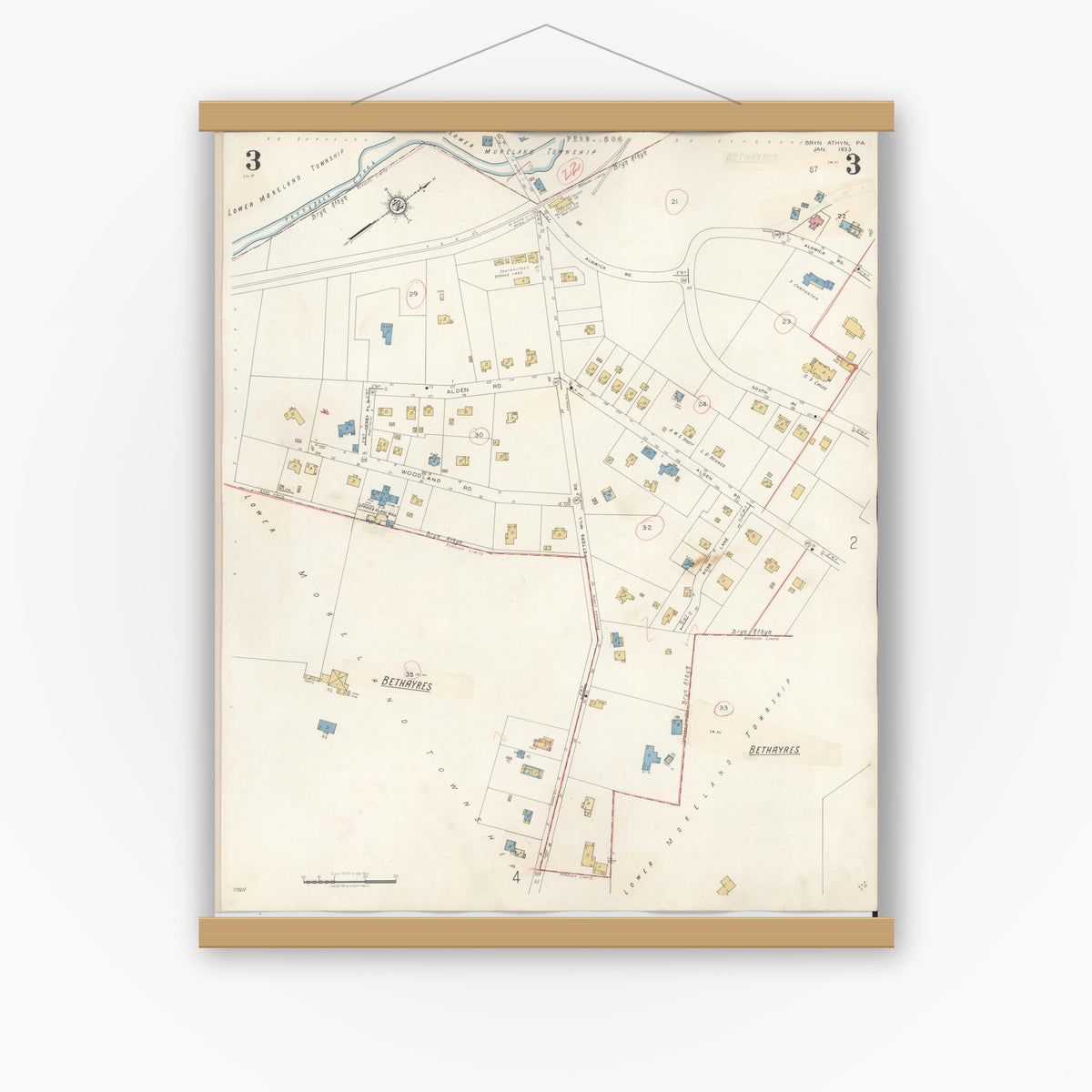 Old map wall art mockup — magnetic wood frame on white wall — Sanborn Fire Insurance Map from Bryn Athyn, Montgomery County, Pennsylvania (1941), Sheet #0003