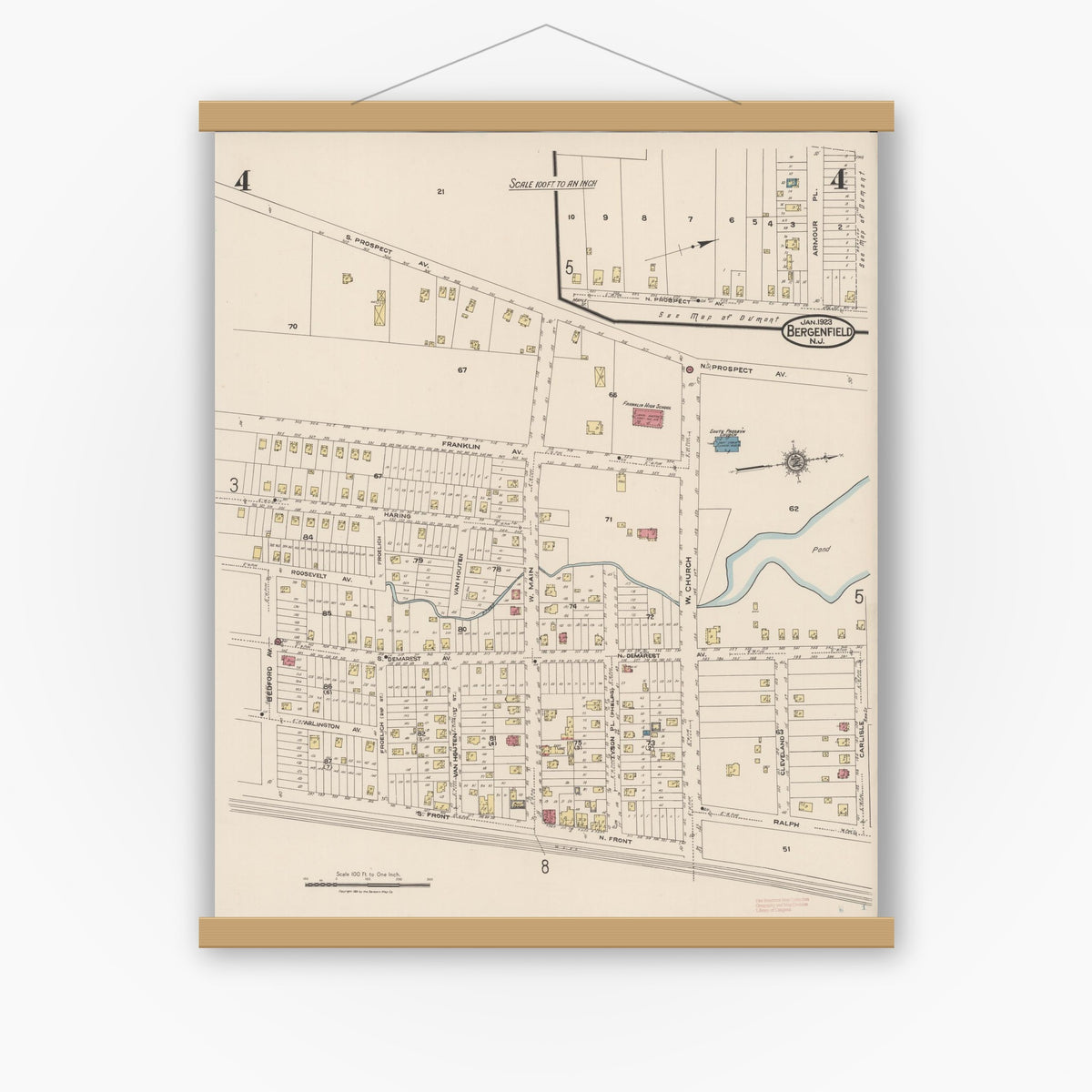 Old map wall art mockup — magnetic wood frame on white wall — Sanborn Fire Insurance Map from Bergenfield, Bergen County, New Jersey (1923), Sheet #0004