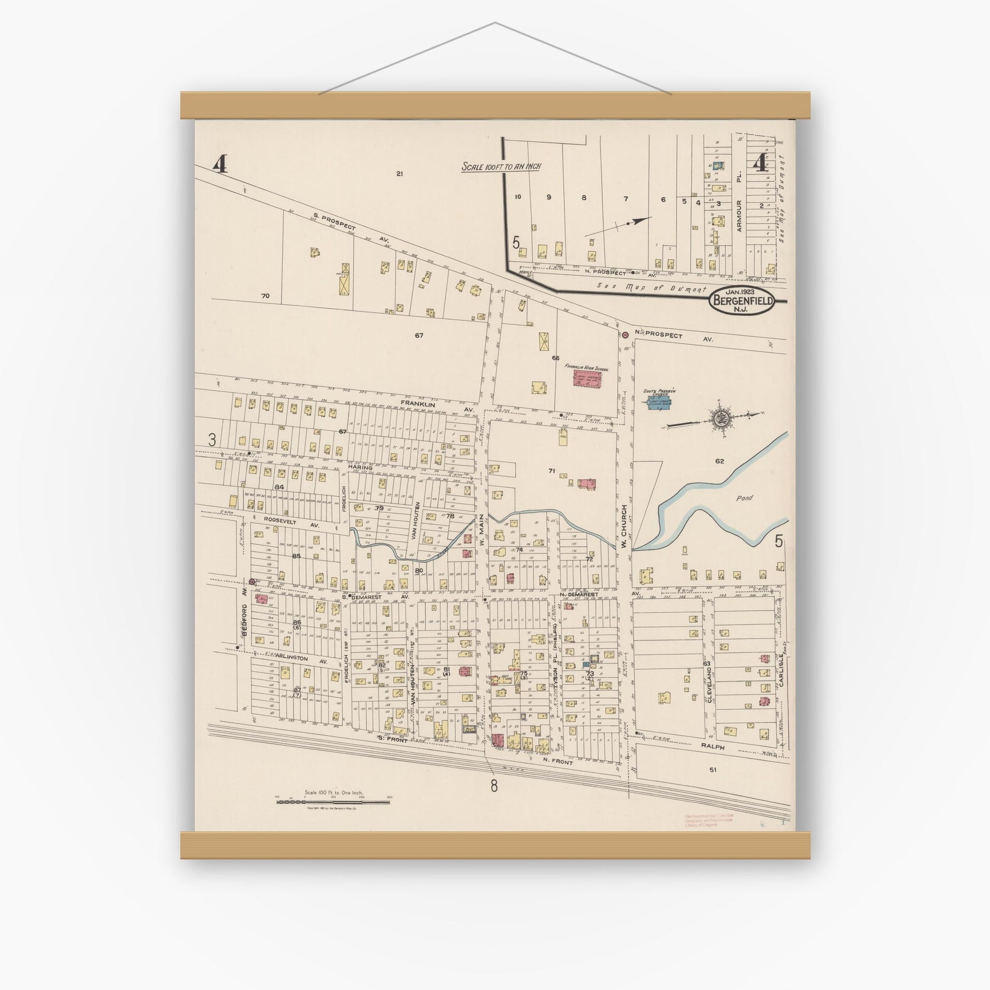 Old map wall art mockup — magnetic wood frame on white wall — Sanborn Fire Insurance Map from Bergenfield, Bergen County, New Jersey (1923), Sheet #0004