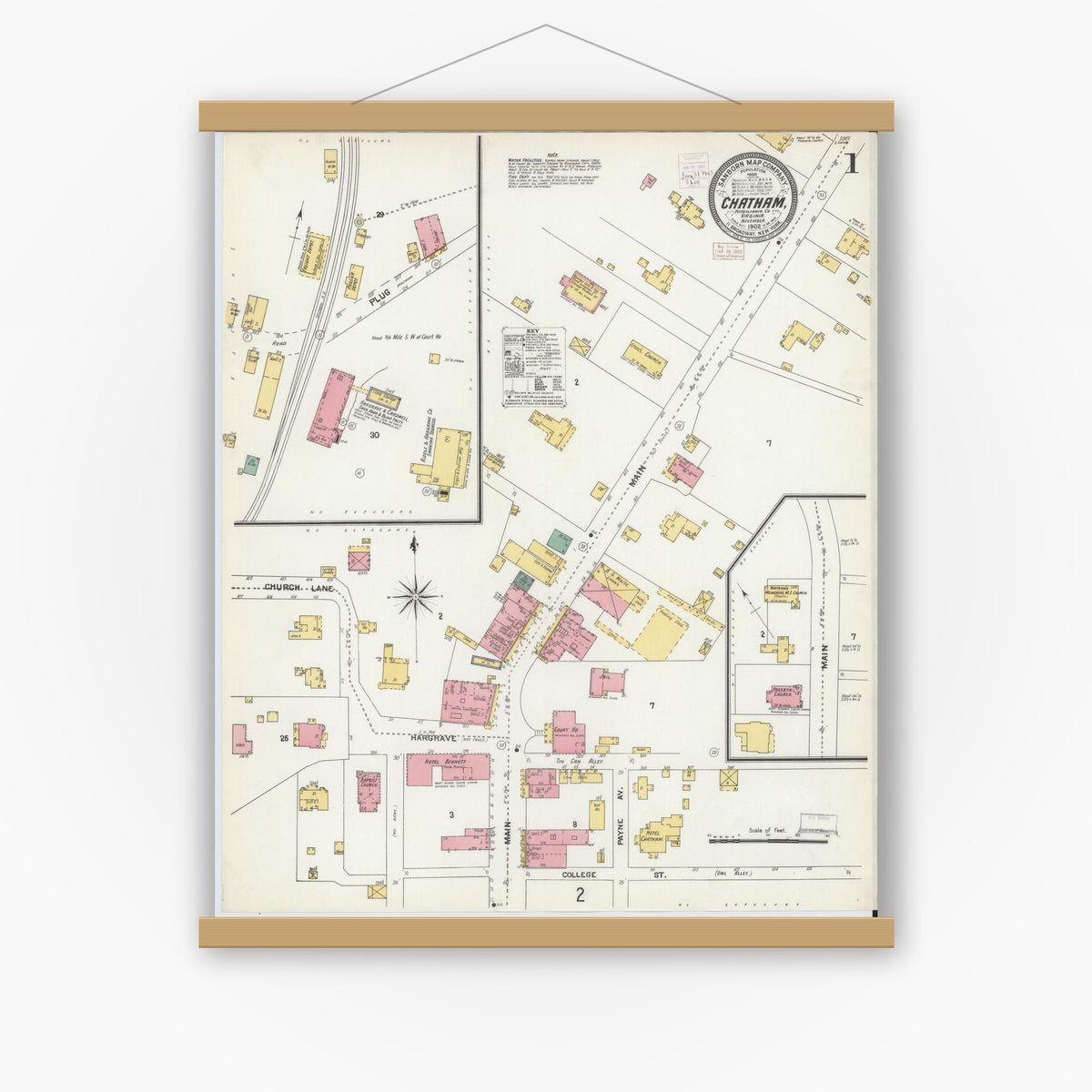 Old map wall art mockup — magnetic wood frame on white wall — Sanborn Fire Insurance Map from Chatham, Pittsylvania County, Virginia (1902) - Complete Map Set