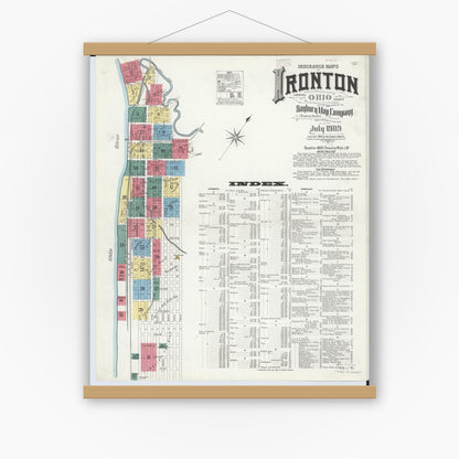 Old map wall art mockup — magnetic wood frame on white wall — Sanborn Fire Insurance Map from Ironton, Lawrence County, Ohio (1909), Sheet #0001