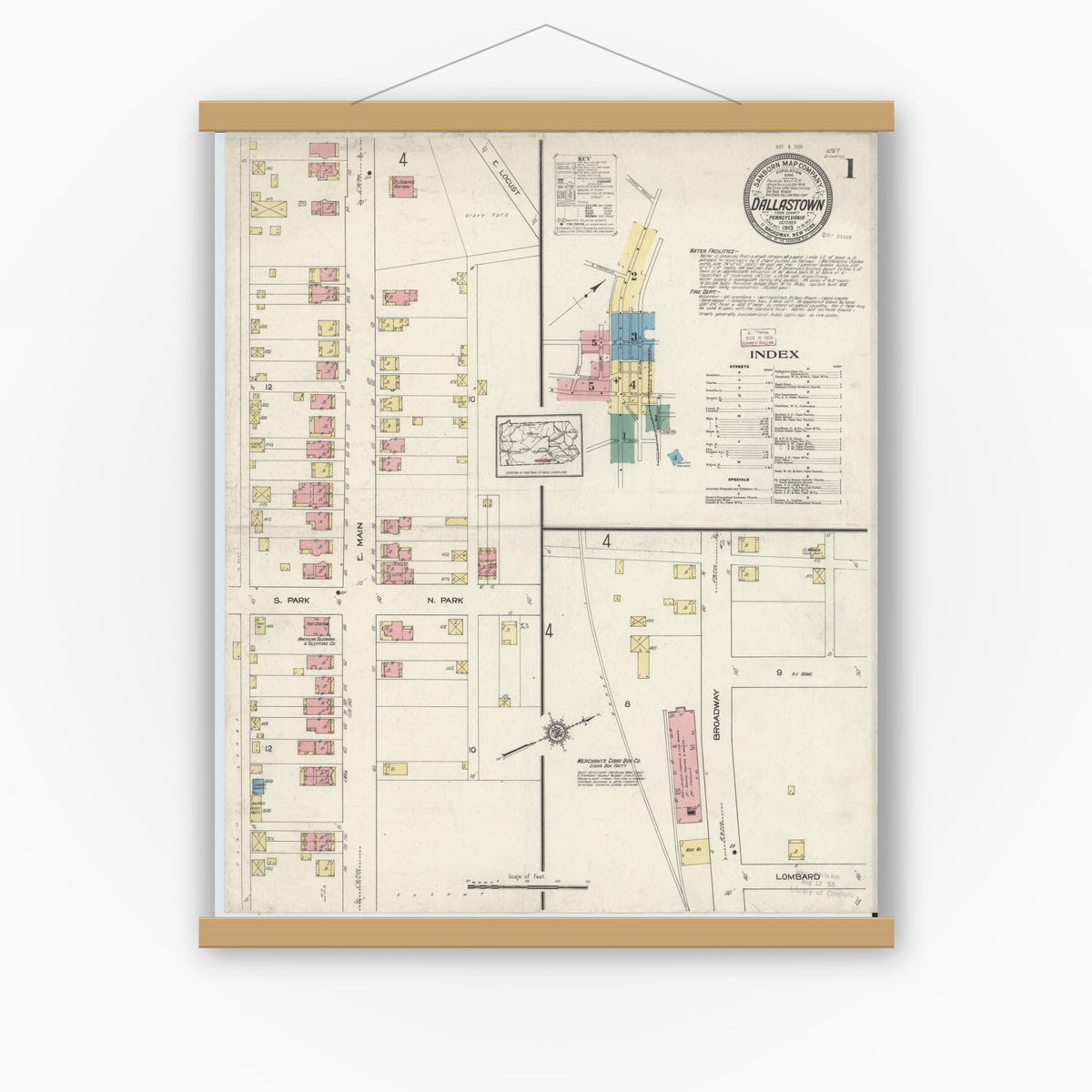 Old map wall art mockup — magnetic wood frame on white wall — Sanborn Fire Insurance Map from Dallastown, York County, Pennsylvania (1913) - Complete Map Set