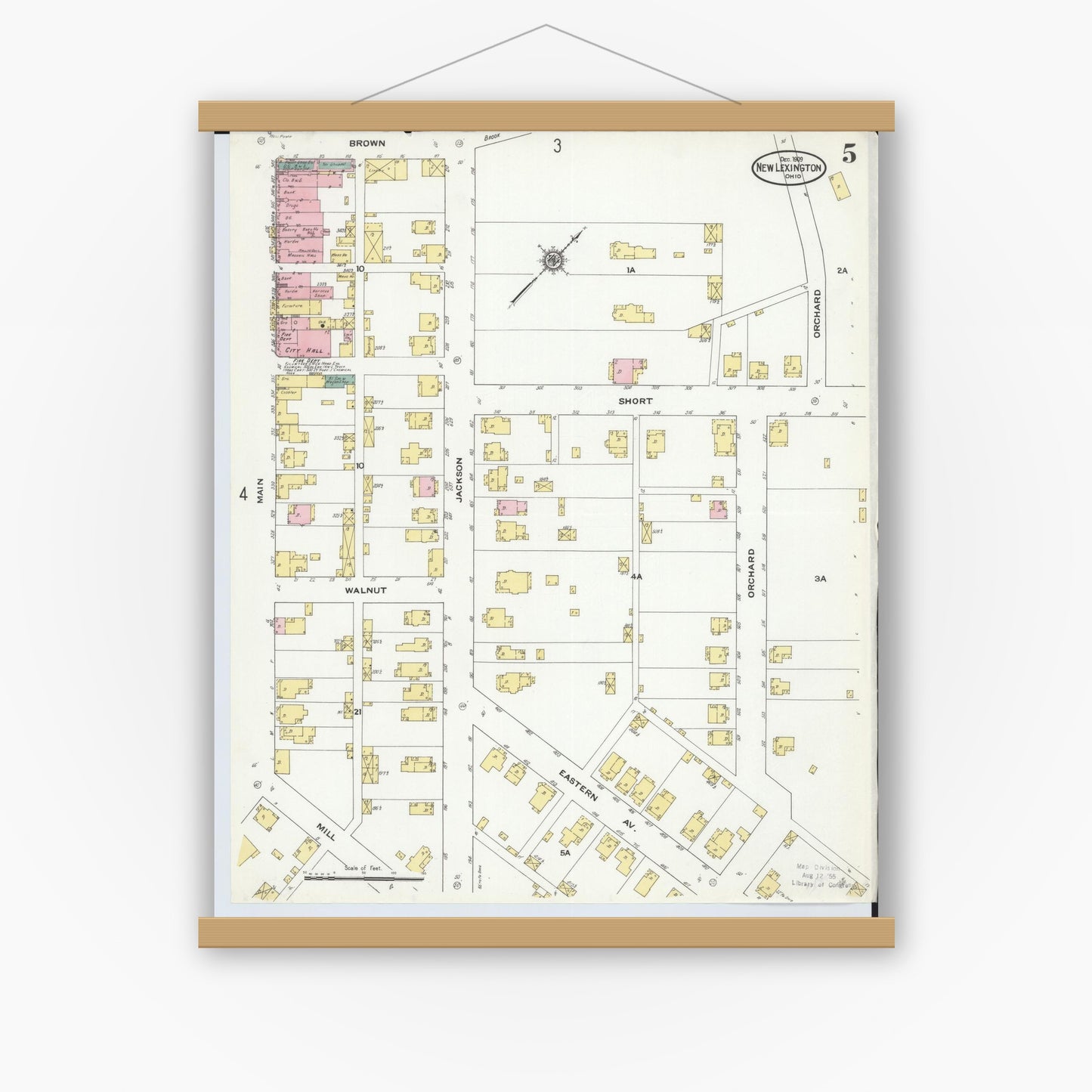 Old map wall art mockup — magnetic wood frame on white wall — Sanborn Fire Insurance Map from New Lexington, Perry County, Ohio (1909), Sheet #0005