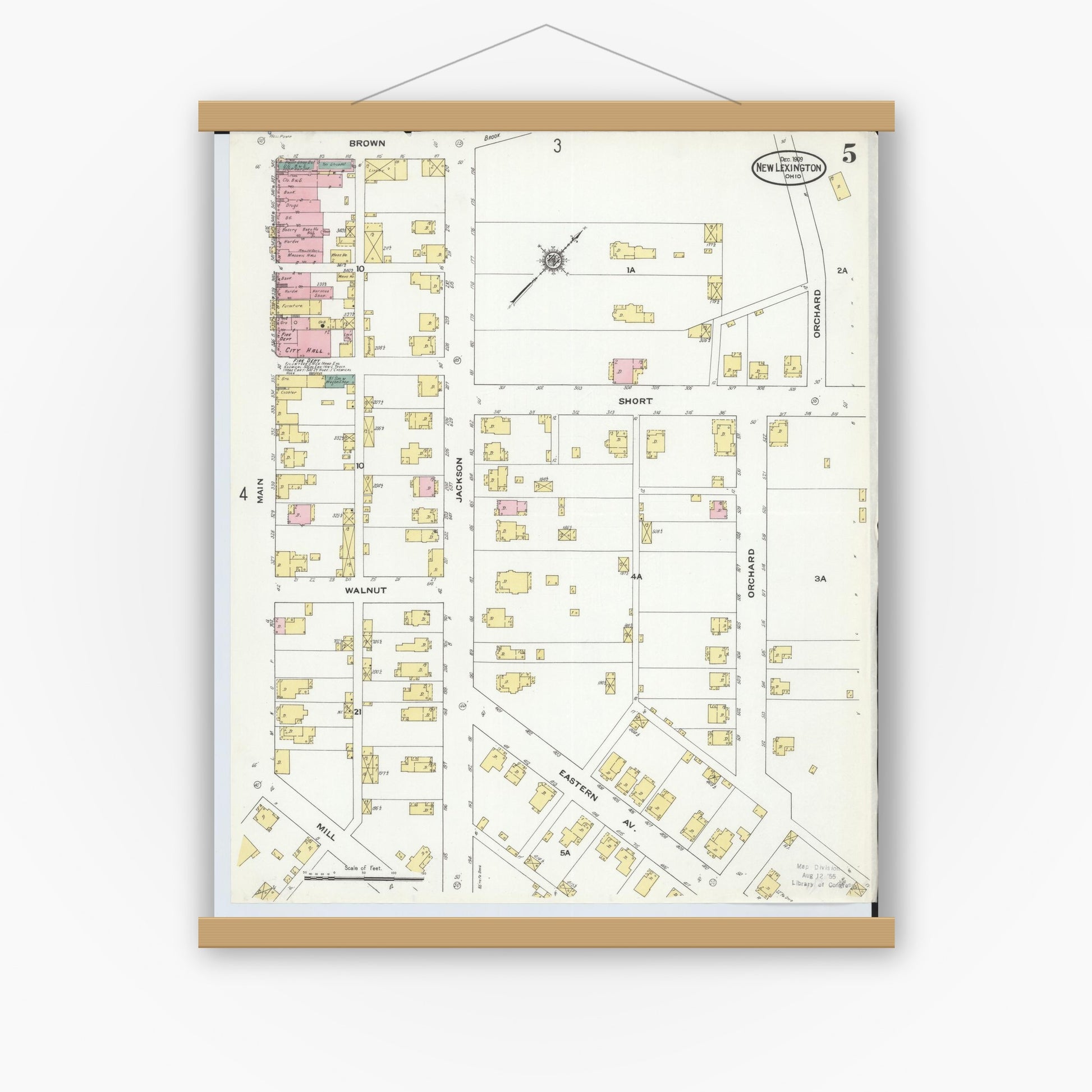 Old map wall art mockup — magnetic wood frame on white wall — Sanborn Fire Insurance Map from New Lexington, Perry County, Ohio (1909), Sheet #0005