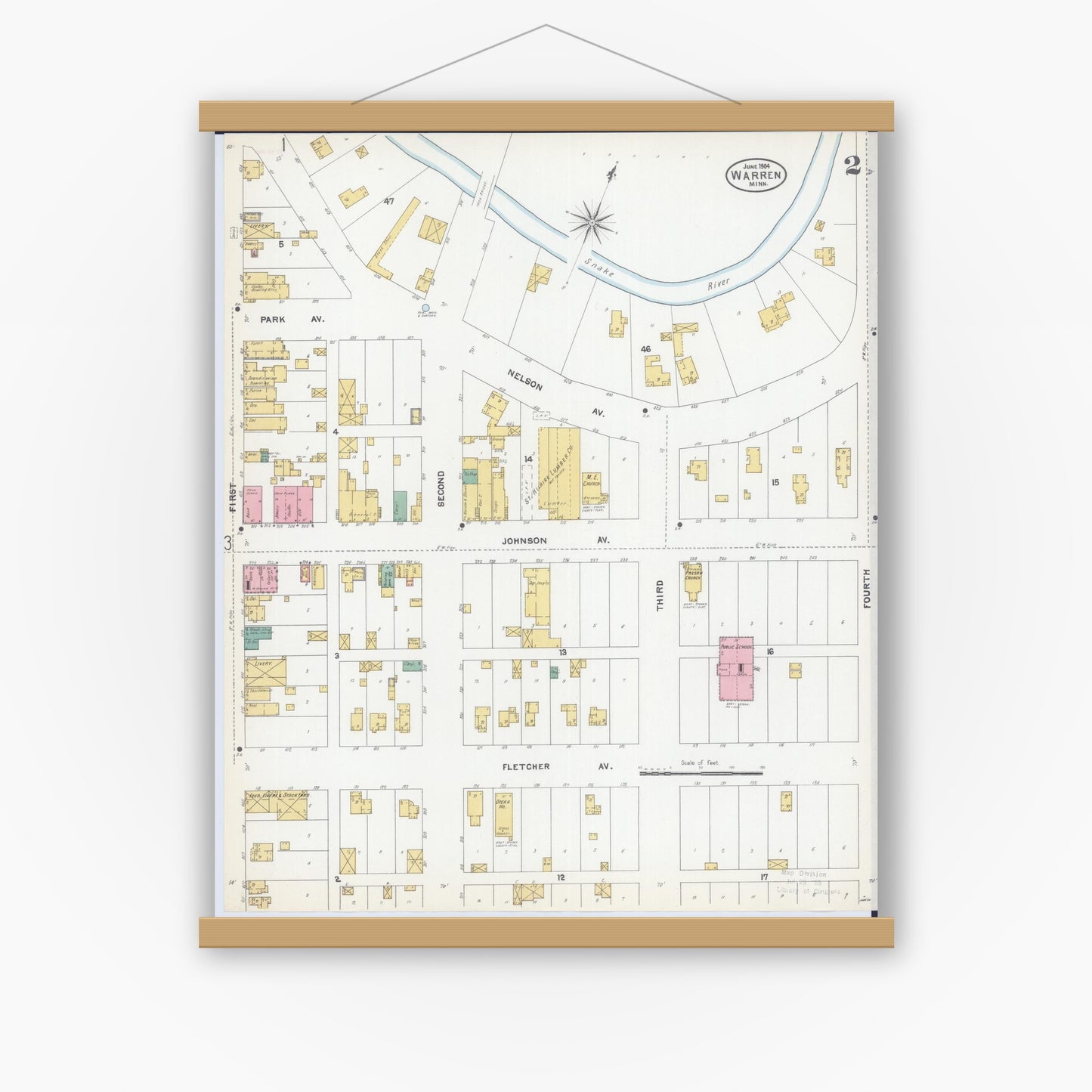 Old map wall art mockup — magnetic wood frame on white wall — Sanborn Fire Insurance Map from Warren, Marshall County, Minnesota (1904), Sheet #0002