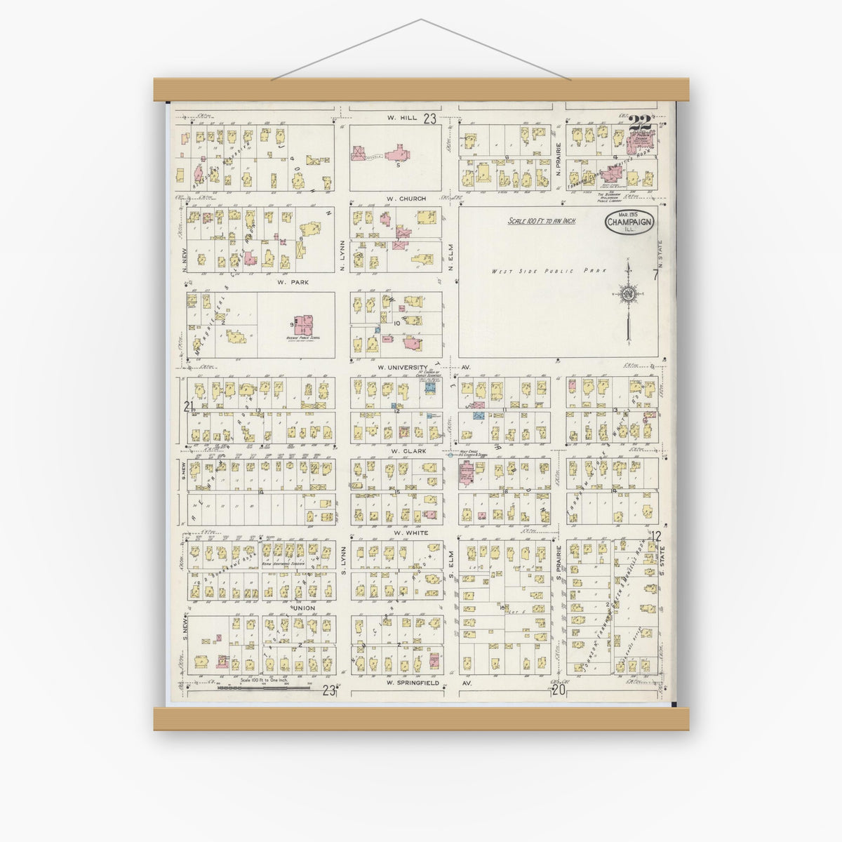 Old map wall art mockup — magnetic wood frame on white wall — Sanborn Fire Insurance Map from Champaign, Champaign County, Illinois (1915), Sheet #0022