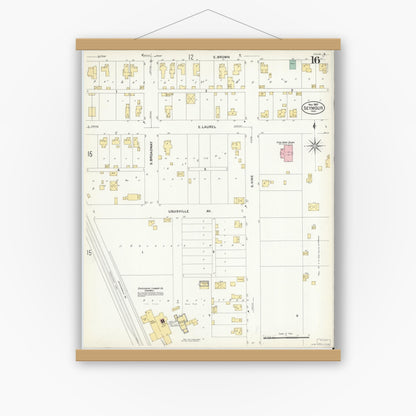 Old map wall art mockup — magnetic wood frame on white wall — Sanborn Fire Insurance Map from Seymour, Jackson County, Indiana (1907), Sheet #0016
